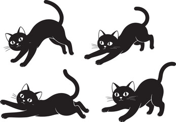 Four black cats in playful stretching poses on white background, cat, black cat, kitten, feline, animal, pet, domestic, playful, stretching, yoga, exercise, cute, cartoon, illustration, silhouette, gr