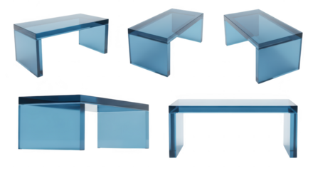 Blue glass tables in various angles against a white background highlighting modern design elements potentially for architectural visualization