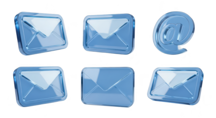 Transparent blue email icons envelopes and at-symbol arrayed on white background symbolizing digital communication and online messaging suitable for web design elements