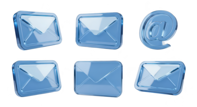 Transparent blue email icons envelopes and at-symbol arrayed on white background symbolizing digital communication and online messaging suitable for web design elements