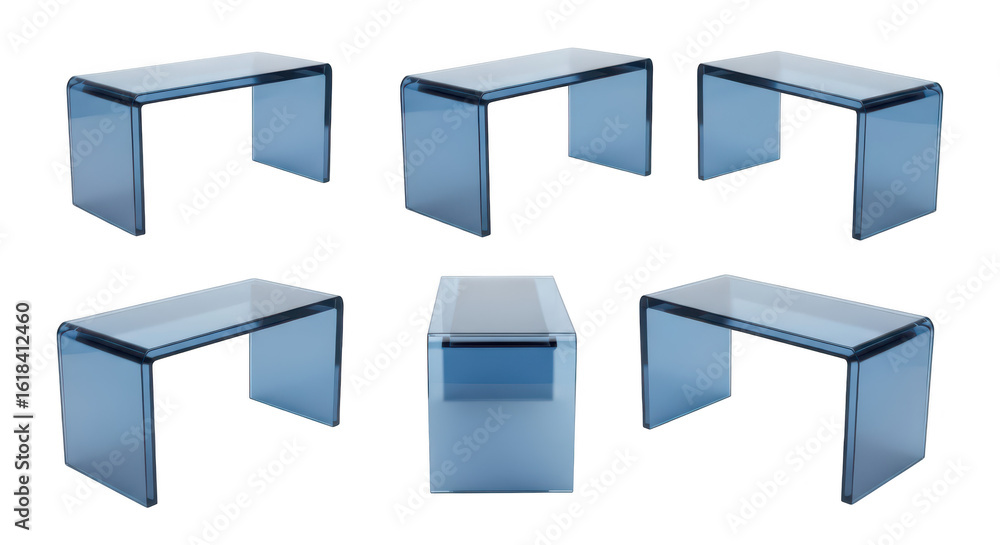 Poster clear glass desk in multiple angles on a white background showcasing its design useful for product p