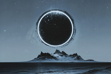 Ethereal Void Over Dark Mountains and Ocean Landscape