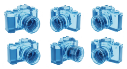 Blue 3D camera model sequence on white background showcasing multiple perspectives Perfect for technology photography concepts and design visuals
