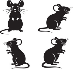 Four black silhouette mice in different poses mouse, mouse, mice, rodent, animal, silhouette, black, white, cute, standing, sitting, profile, front view, side view, illustration, graphic, simple, clea