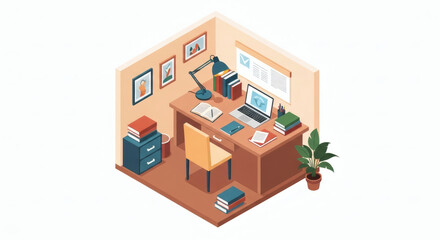 Obraz premium An isometric cutaway illustration of a personal study or library. The room is filled with books, a desk, and a laptop, representing education, learning, or a cozy home office
