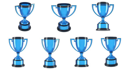 Several blue trophies against a white backdrop symbolizing achievement awards and recognition in various fields