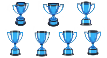 Several blue trophies against a white backdrop symbolizing achievement awards and recognition in various fields