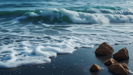 Ultra-realistic ocean waves hitting dark sandy beach with foamy surf, shimmering wet sand, sunlit coastal rocks, turquoise to deep blue sea gradient, cinematic natural seascape in 8K HDR
