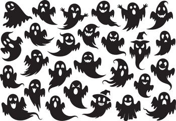 Many Black Halloween Ghosts with Different Facial Expressions, ghost, halloween, spooky, scary, cute, cartoon, character, spirit, phantom, apparition, monster, creature, supernatural, haunted, night, 