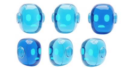 Blue robotic characters display varied expressions on a white studio backdrop The image is suitable for technology or artificial intelligence concepts