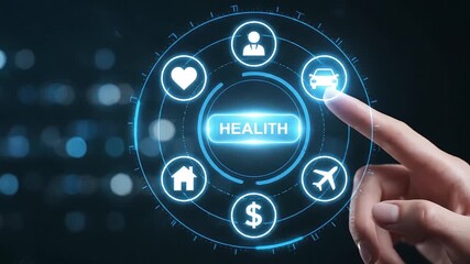 Futuristic digital interface showing health icons with finger touch interaction, modern technology concept for insurance, data, medical, and financial services - Powered by Adobe