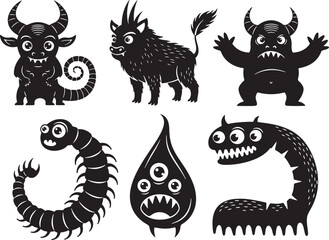 Six black cartoon monsters with big eyes and sharp teeth, monster, creature, cartoon, black and white, illustration, fantasy, scary, spooky, halloween, cute, funny, whimsical, character, design, graph