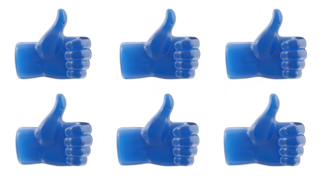 Six blue thumbs-up icons arranged on a white background signifying approval and positive feedback for a concept