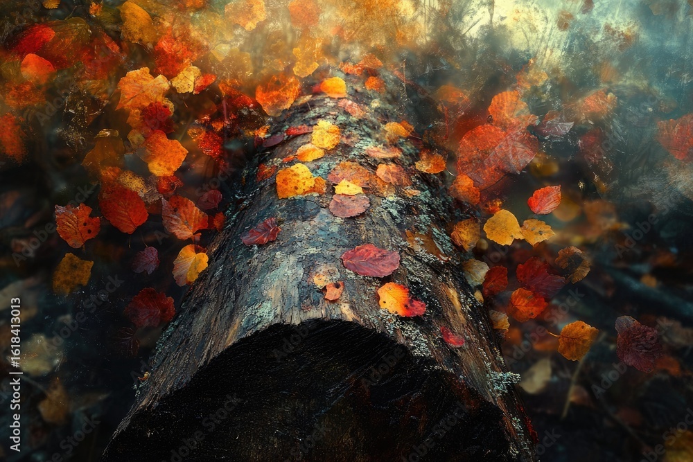 Poster autumn leaves falling on a mossy log in a mystical forest, creating a magical scene.