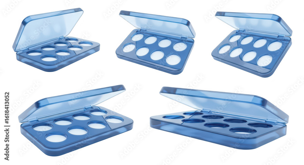 Poster transparent blue egg container multiple angles on white empty ready for transportation and storage i