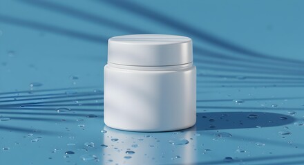White Cosmetic Jar with Water Drops and Abstract Linear Shadows on Blue Background