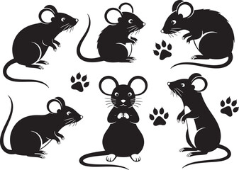 Six black mice and paw prints on white background mouse, mouse, mice, rodent, animal, black, silhouette, paw print, paw prints, white background, cute, cartoon, illustration, graphic, vector, small, m