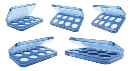 Transparent blue egg container multiple angles on white empty ready for transportation and storage isolated product shot
