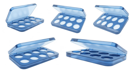 Transparent blue egg container multiple angles on white empty ready for transportation and storage isolated product shot