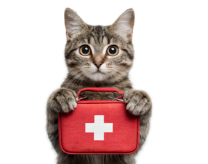 A beautiful cat holding a red first aid kit, isolated on a white background
