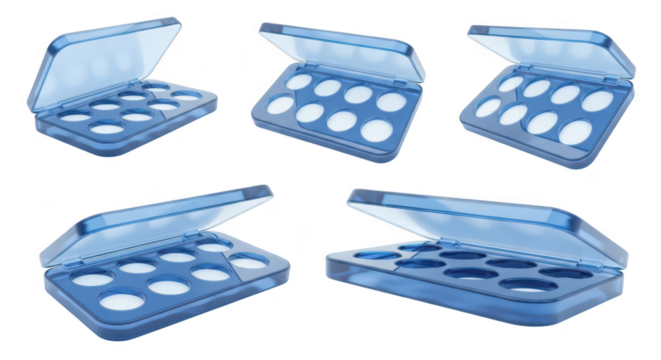 Transparent blue egg container multiple angles on white empty ready for transportation and storage isolated product shot