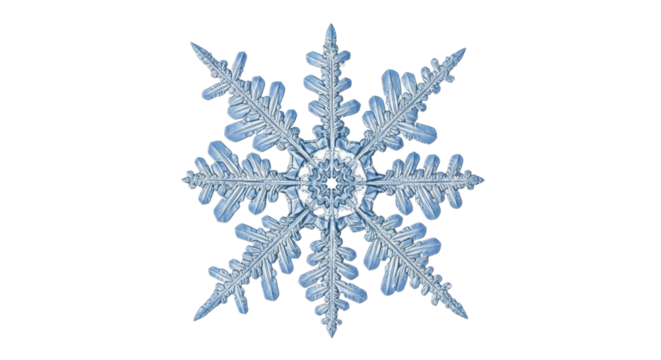 Intricate snowflake design with detailed ice crystal patterns on transparent background