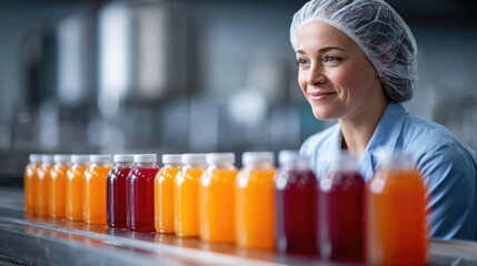 Factory worker in clean uniform inspecting bottled juice production line for quality control