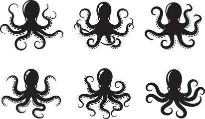 Six black octopus silhouettes on white background cephalopod, octopus, cephalopod, marine life, sea creature, animal, wildlife, black, white, silhouette, graphic, illustration, vector, tentacles, suck