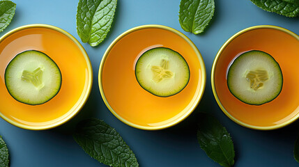 Fresh cucumber slices in yellow bowls with mint leaves on a vibrant turquoise background.