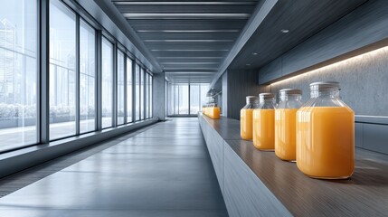 Eco friendly juice production facility with modern large windows design for sustainability and energy efficiency