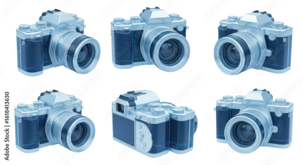 Poster digital camera model in various angles isolated on white background used for photography web design 