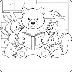 Cute bear reading storybook to forest animal friends in black and white cartoon line art for kids coloring page