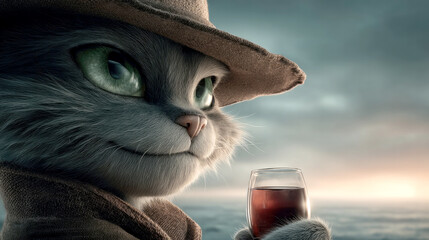Enigmatic anthropomorphic cat close-up with wine glass at sunset, whimsical fantasy animal theme