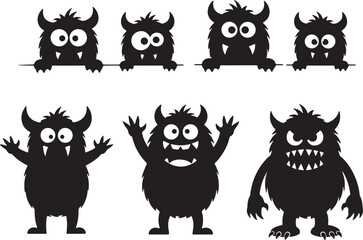 Six black silhouette cartoon monsters with horns and big eyes, monster, silhouette, black, white background, cartoon, cute, scary, creature, horned, eyes, fangs, claws, playful, mischievous, halloween