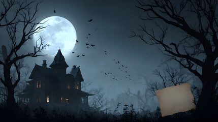 Fototapeta premium spooky haunted house scene with full moon, flying bats, ghost, bare trees, blank parchment and eerie night sky for halloween