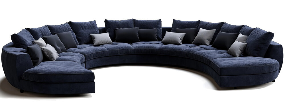  modern, large curved sofa with dark blue velvet fabric, isolated on a trasnparent background. 