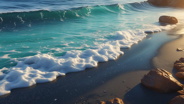 Ultra-realistic ocean waves hitting dark sandy beach with foamy surf, shimmering wet sand, sunlit coastal rocks, turquoise to deep blue sea gradient, cinematic natural seascape in 8K HDR