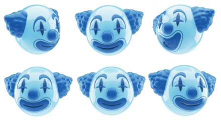 Blue clown heads rotating against a white background for entertainment and promotional use