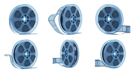 Multiple views of film reels unspooling translucent isolated on a clean white background; useful for film-related visuals