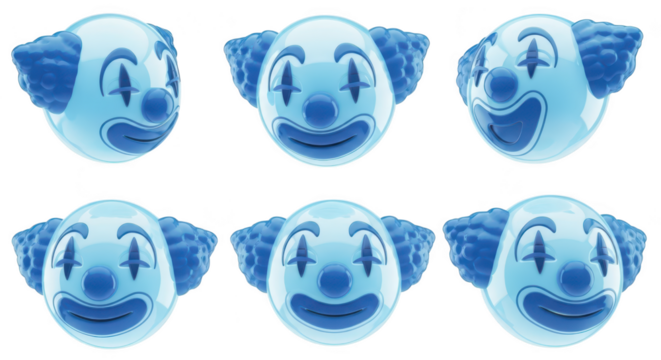 Blue clown heads rotating against a white background for entertainment and promotional use