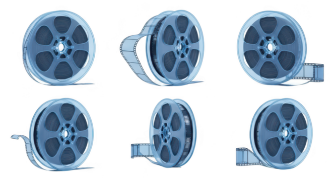 Multiple views of film reels unspooling translucent isolated on a clean white background; useful for film-related visuals