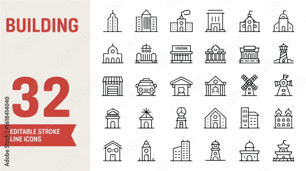 Poster a collection of 32 minimalist line art building icons arranged in a grid format.