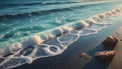 Ultra-realistic ocean waves hitting dark sandy beach with foamy surf, shimmering wet sand, sunlit coastal rocks, turquoise to deep blue sea gradient, cinematic natural seascape in 8K HDR