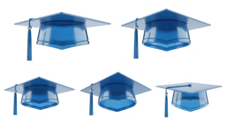 Five transparent blue mortarboards are displayed against a white background emphasizing education & achievement suitable for graduation themes