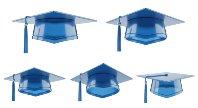 Five transparent blue mortarboards are displayed against a white background emphasizing education & achievement suitable for graduation themes