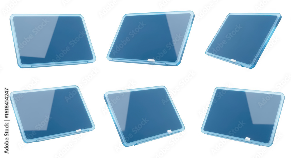 Poster digitally rendered tablets floating against a white backdrop showcasing tech and design in a minimal