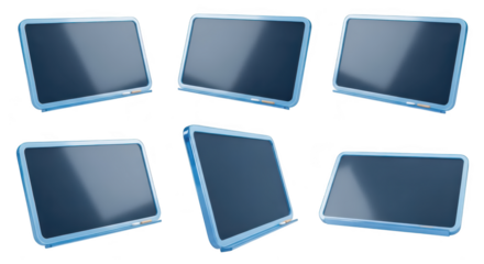 Multiple isolated digital tablets displaying blank dark screens on a white background suitable for advertising or mockup design presentations