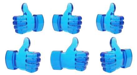 Blue glass thumbs up icons arranged on a white background symbolizing approval and positive feedback Suitable for web design & social media