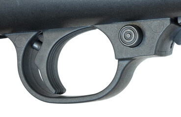 Push button safety in front of a trigger on a rifle