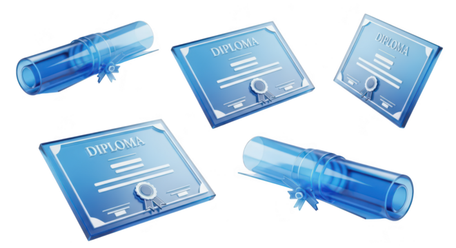 Five stylized diplomas rolled or flat arranged on a clean white background for illustrating education or achievement